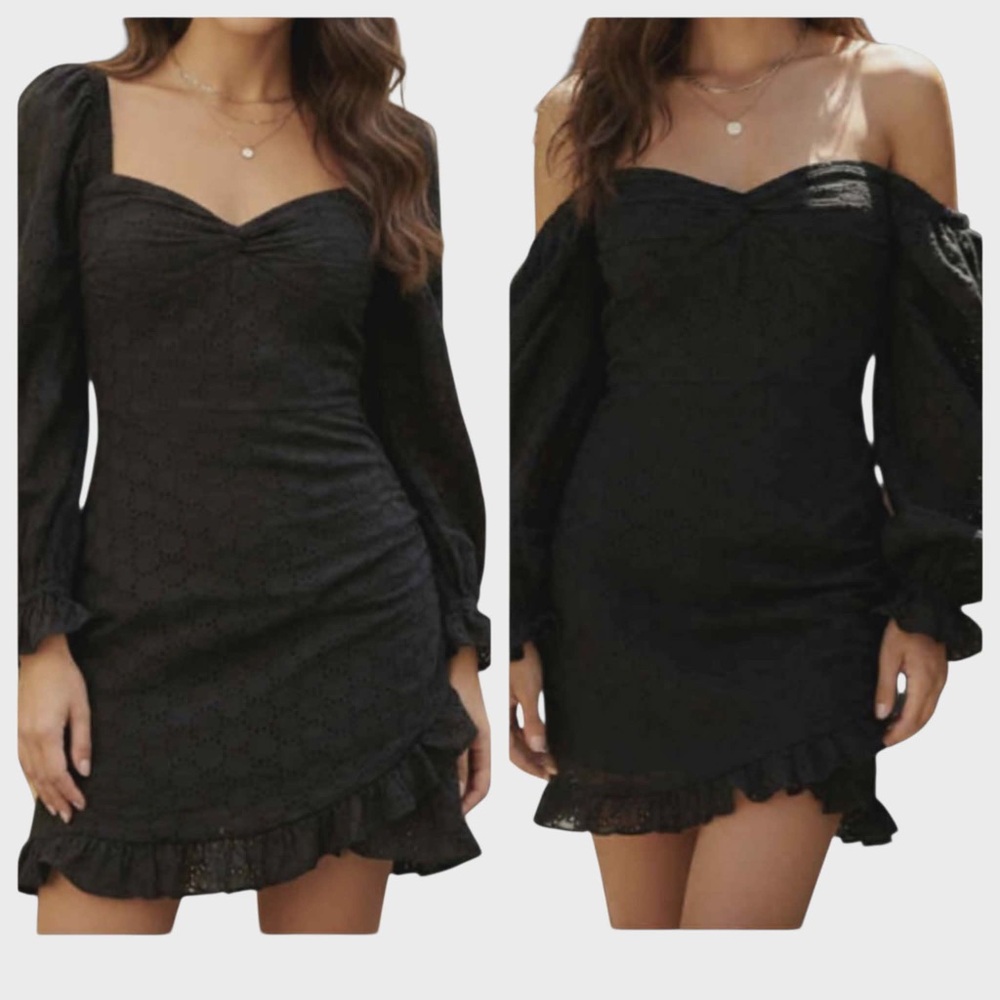 Olivaceous Black Eyelet Puff Sleeve Mini Dress Boho Ruffle Versatile Neckline S